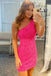 Sheath Hot Pink Sequins One Shoulder Short Prom Dresses, Homecoming Dress OMH0263
