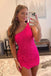 Sparkly One Shoulder Hot Pink Sequins Homecoming Dresses With Beaded, Dance Dress OMH0266