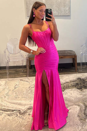 Elegant A line Hot Pink Spaghetti Straps Mermaid  Floor Length Long Prom Dresses OM0395