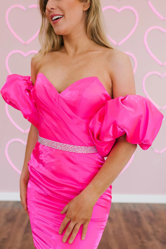 Hot Pink Sheath Sweetheart Ruffles Sleeveless Homecoming Dress With Sequins OMH0281