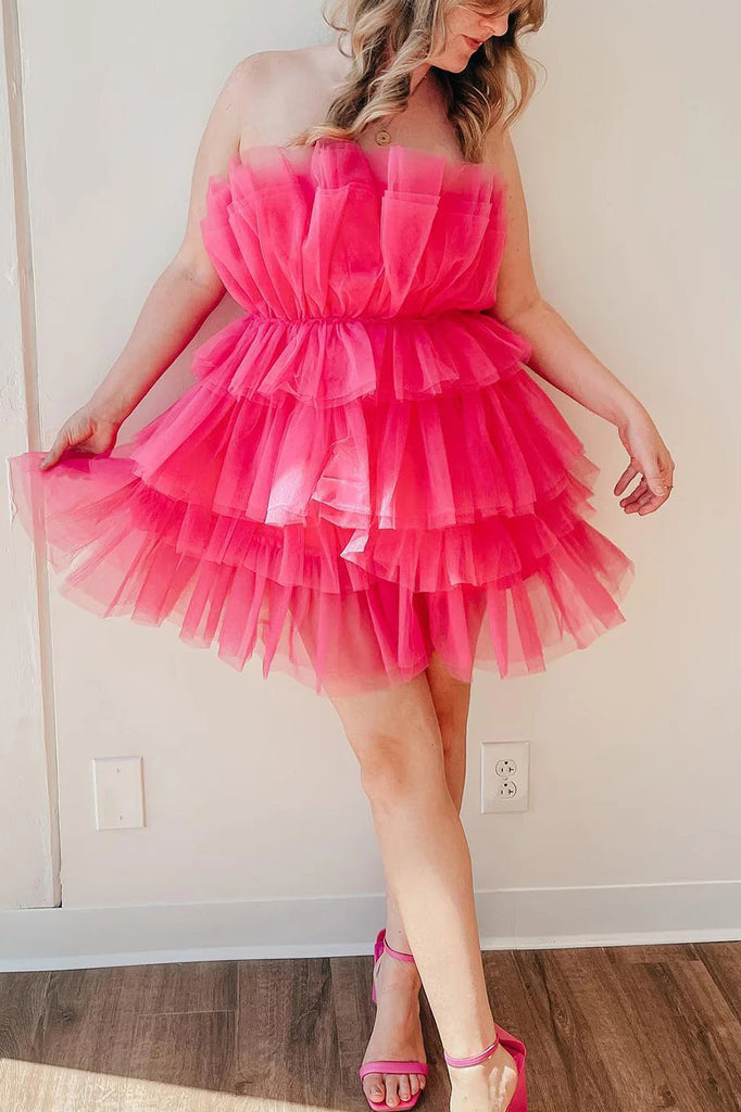 A line Hot Pink Strapless Tiered Tulle Short Homecoming Dresses, Dance Dress OMH0282