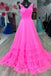Simple A Line Hot Pink Illusion Layers Tulle Prom Dresses, Long Evening Dress OM0384