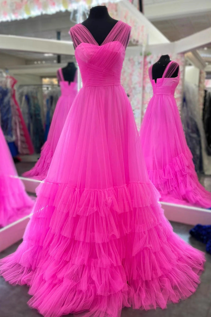 Simple A Line Hot Pink Illusion Layers Tulle Prom Dresses, Long Evening Dress OM0384