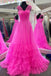 Simple A Line Hot Pink Illusion Layers Tulle Prom Dresses, Long Evening Dress OM0384