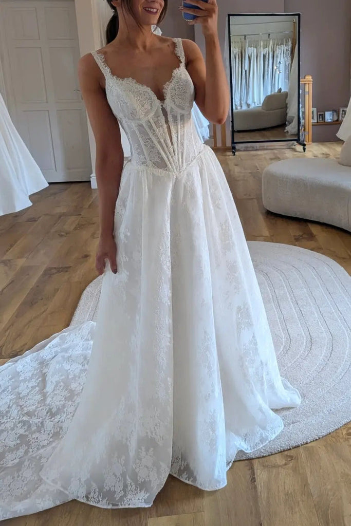Romantic Lace A-Line V Neck Ivory Wedding Dress With Sweep Train OW0166