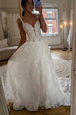 Romantic Lace A-Line V Neck Ivory Wedding Dress With Sweep Train OW0166