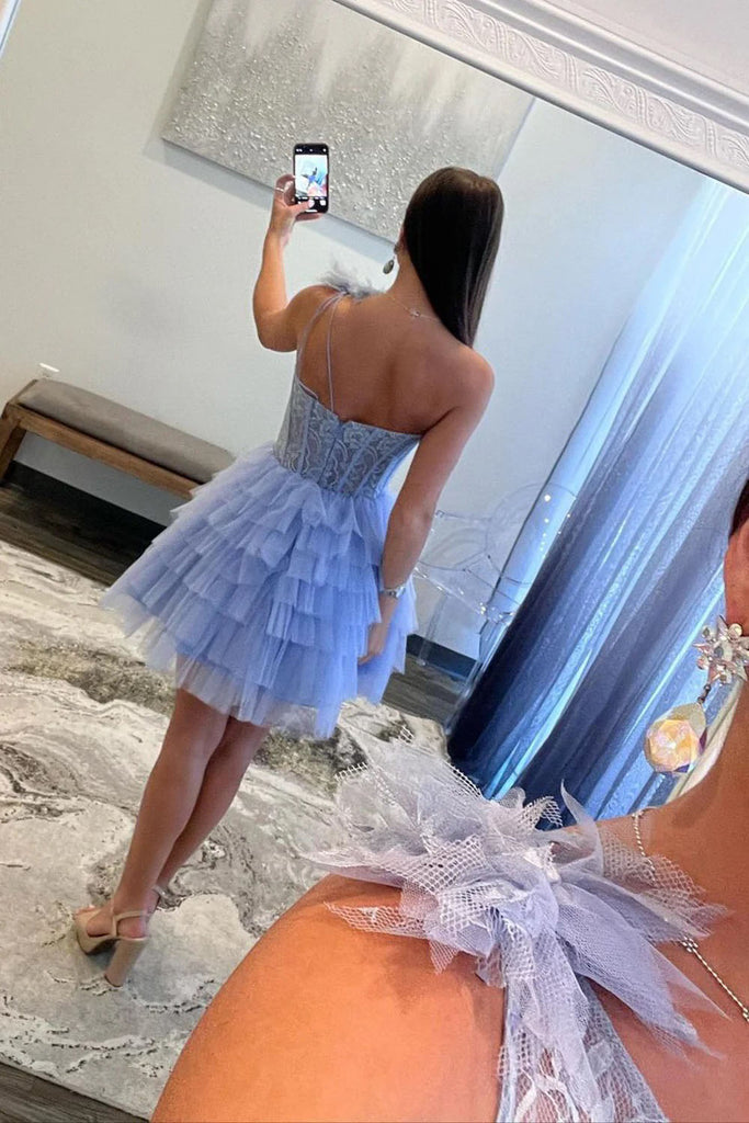 A Line Light Blue One Shoulder Tulle Tiered Corset Short Prom Homecoming Dress OMH0307