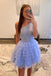 A Line Light Blue One Shoulder Tulle Tiered Corset Short Prom Homecoming Dress OMH0307