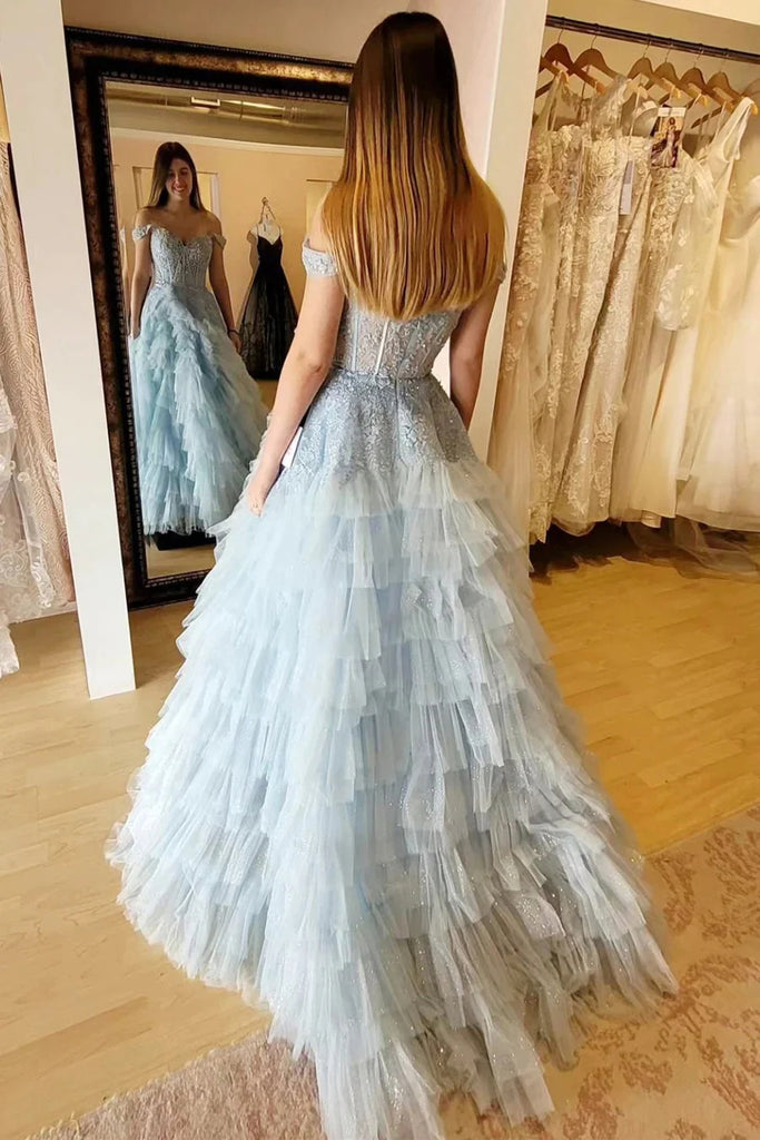 Charming A line Light Blue Tulle Off the Shoulder Sweetheart Layers Prom Dresses OM0396