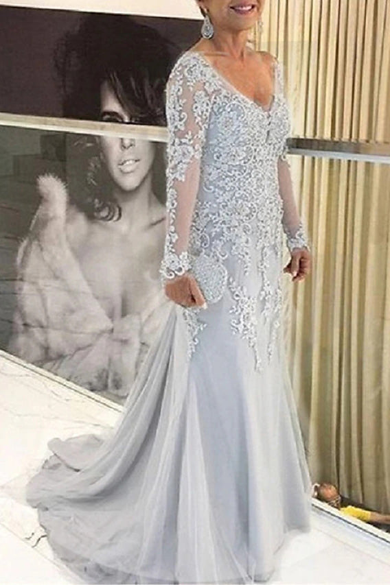 Mermaid V Neck Tulle Sky Blue Long Sleeves Mother of the Bride Dress With Appliques Lace PM0002