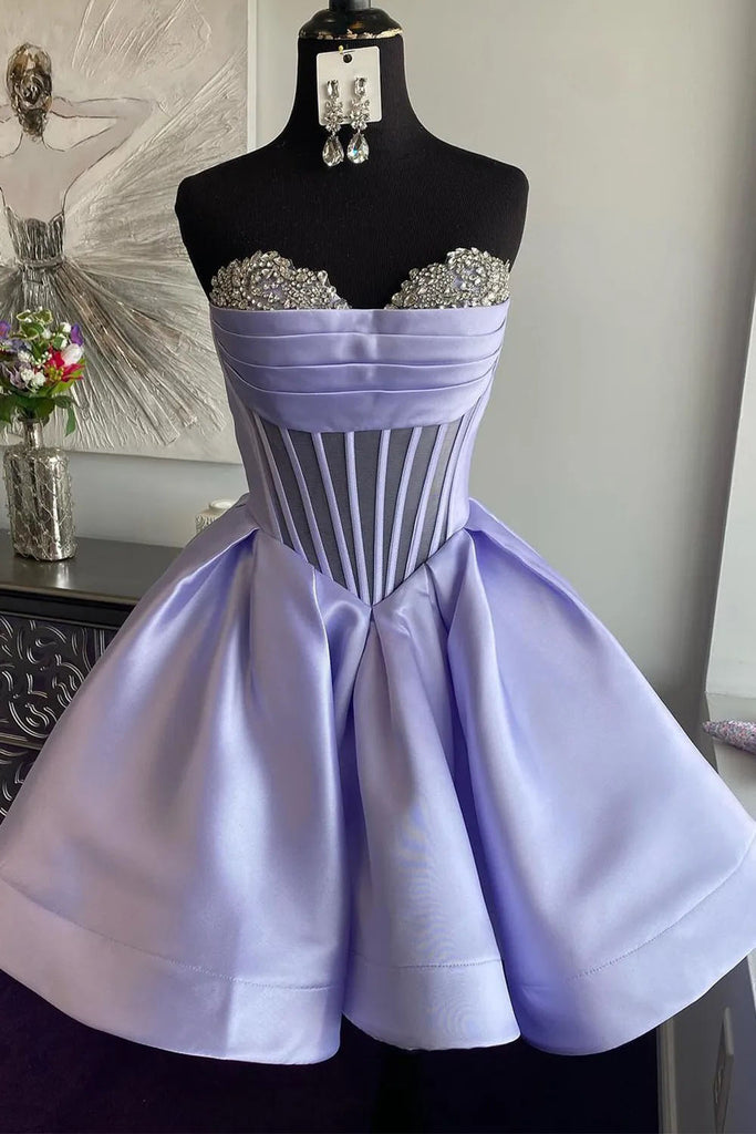 A line Lilac Sweetheart Strapless Satin Corset Homecoming Dresses With Sequins OMH0309