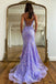 Charming Mermaid Lilac Lace Appliques Spaghetti Straps Prom Dress With Criss Cross OM0404