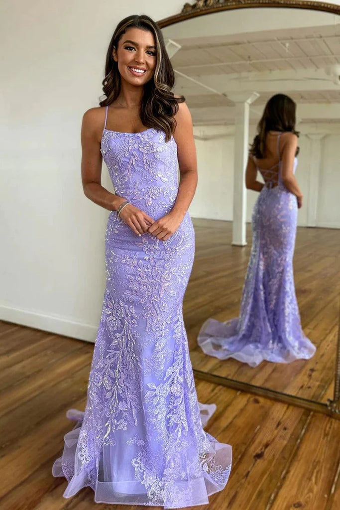 Charming Mermaid Lilac Lace Appliques Spaghetti Straps Prom Dress With Criss Cross OM0404