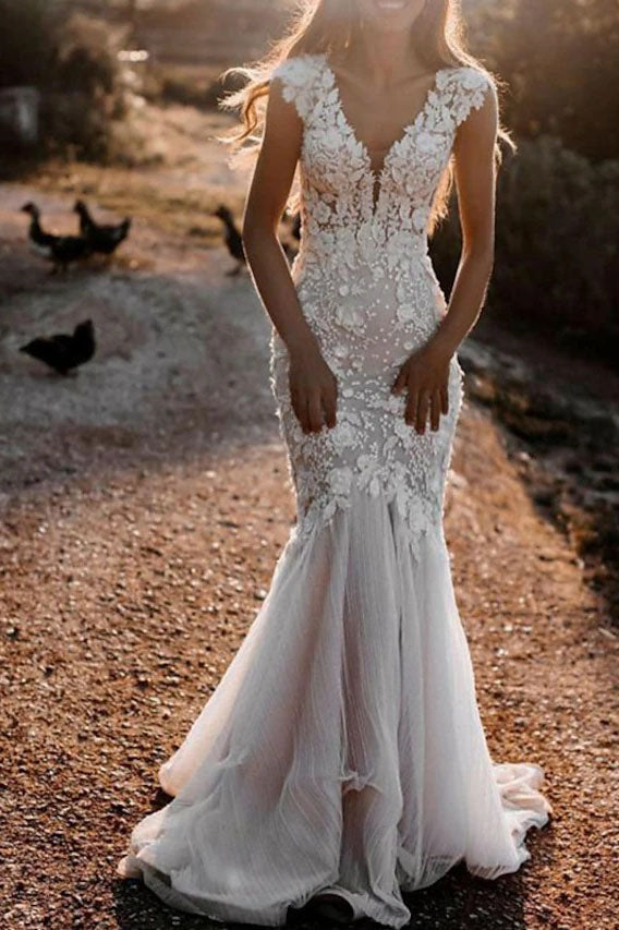 Charming Mermaid Ivory V Neck Cap Sleeve Appliques Lace Wedding Dress With Backless OW0157