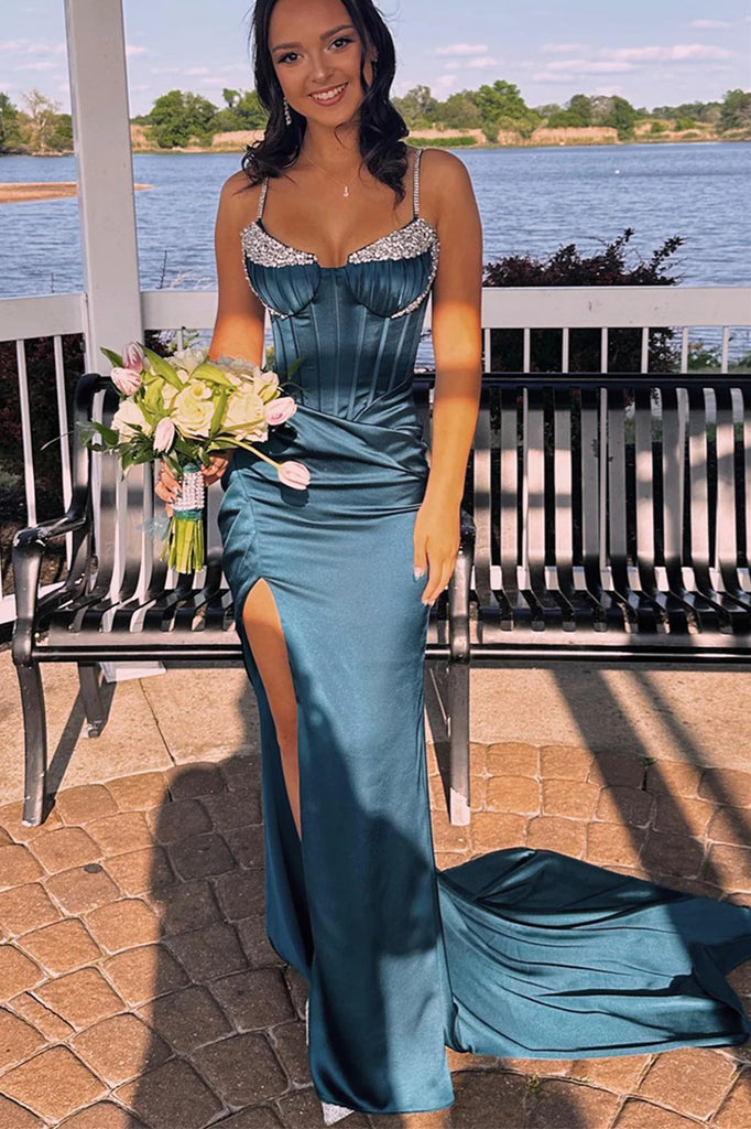 Mermaid Spaghetti Straps Blue Beading Sleeveless Prom Dresses With Slit OM0389