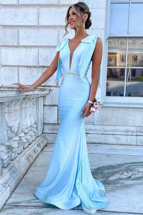 Sheath Light Blue V neck Long Prom Dress With V Back, Evening Formal Dresses OM0411