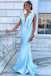 Sheath Light Blue V neck Long Prom Dress With V Back, Evening Formal Dresses OM0411