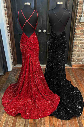 Sparkly Mermaid Burgundy Sequins V Neck Spaghetti Straps Long Prom Dresses OM0385