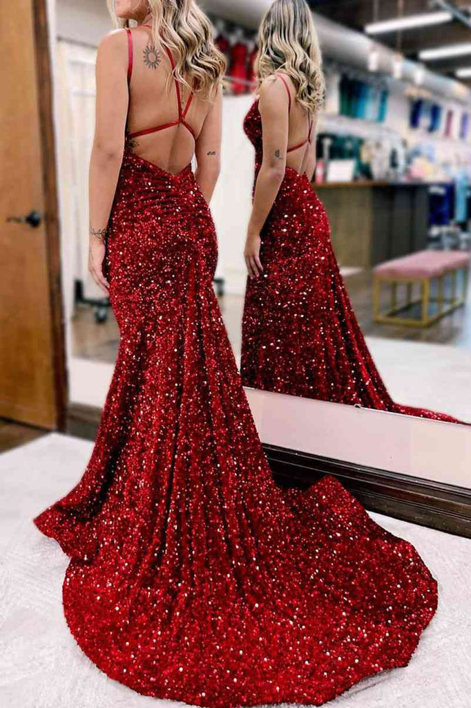 Sparkly Mermaid Burgundy Sequins V Neck Spaghetti Straps Long Prom Dresses OM0385