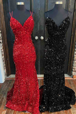 Sparkly Mermaid Burgundy Sequins V Neck Spaghetti Straps Long Prom Dresses OM0385