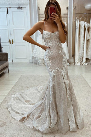 Mermaid Spaghetti Straps Sweep Train Sweetheart Appliques Lace Wedding Dress OW0146