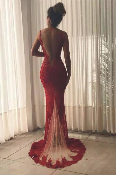 Elegant Mermaid Deep V neck Sleeveless Appliques Lace Tulle Prom Dress With Slit OM0428