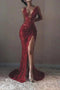 Elegant Mermaid Deep V neck Sleeveless Appliques Lace Tulle Prom Dress With Slit OM0428