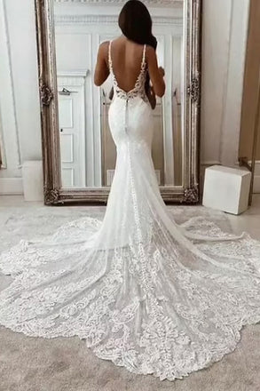 Mermaid Ivory V neck Lace Sweep Train SpaghettI Straps Backless Wedding Dress OW0147