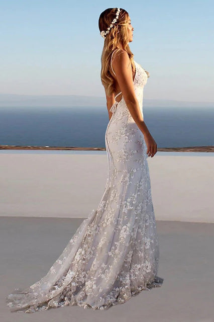Elegant Mermaid Ivory Spaghetti Straps V neck Lace Appliques Wedding Dresses OW0141