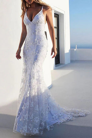 Elegant Mermaid Ivory Spaghetti Straps V neck Lace Appliques Wedding Dresses OW0141