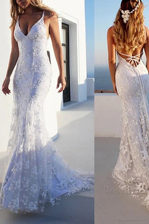 Elegant Mermaid Ivory Spaghetti Straps V neck Lace Appliques Wedding Dresses OW0141