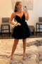 A Line Black Spaghetti Straps Tiered Tulle Homecoming Dresses with V Neck,Dance Dress OMH0271