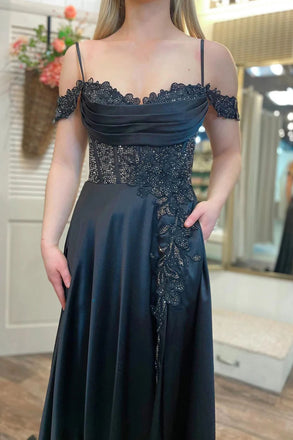 A Line Navy Blue Cold Shoulder Bead Appliques Lace Long Prom Dresses With Pockets OM0424