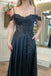 A Line Navy Blue Cold Shoulder Bead Appliques Lace Long Prom Dresses With Pockets OM0424