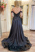 A Line Navy Blue Cold Shoulder Bead Appliques Lace Long Prom Dresses With Pockets OM0424