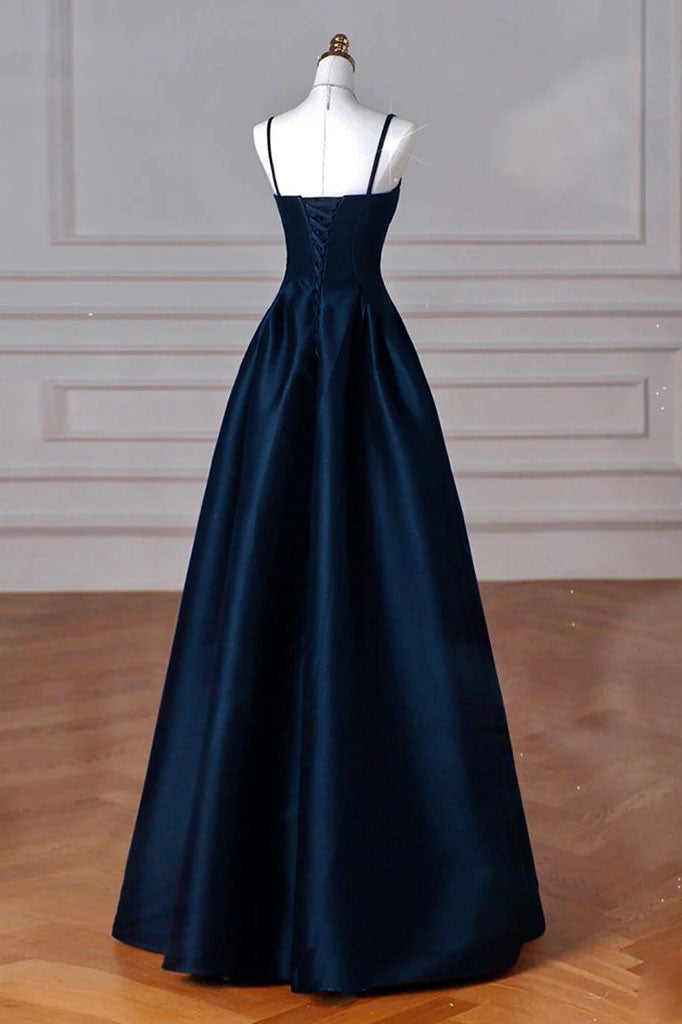 A line Navy Blue Satin Spaghetti Straps Sleeveless Prom Dress, Simple Evening Dress OM0440