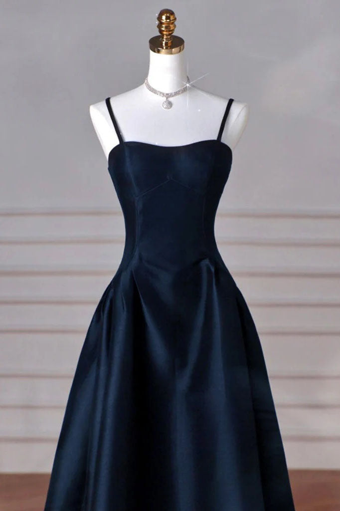 A line Navy Blue Satin Spaghetti Straps Sleeveless Prom Dress, Simple Evening Dress OM0440