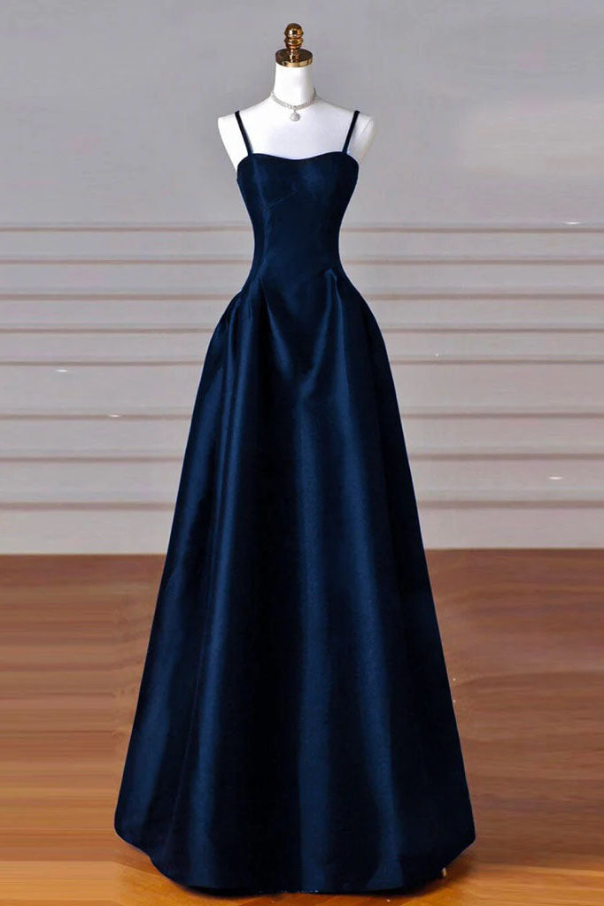 A line Navy Blue Satin Spaghetti Straps Sleeveless Prom Dress, Simple Evening Dress OM0440