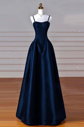 A line Navy Blue Satin Spaghetti Straps Sleeveless Prom Dress, Simple Evening Dress OM0440