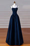 A line Navy Blue Satin Spaghetti Straps Sleeveless Prom Dress, Simple Evening Dress OM0440