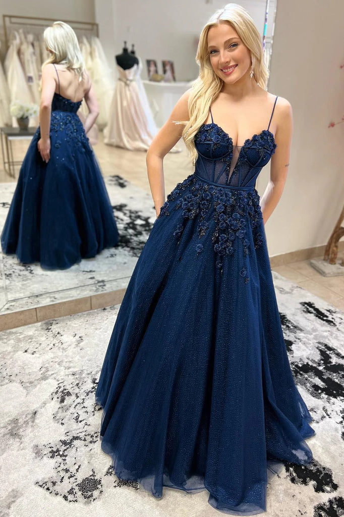 A line Navy Blue Spaghetti Straps V neck Floral Beaded Floor Length Prom Dresses OM0383