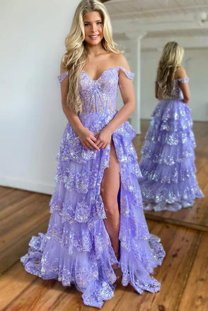 A Line Off the Shoulder Lilac Sweetheart Corset Layers Prom Dresses With Slit OM0397