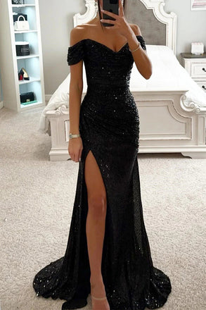 Sparkly Sequins Mermaid Ivory Off the Shoulder Sweetheart Prom Dress With Slit OM0405