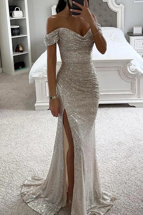 Sparkly Sequins Mermaid Ivory Off the Shoulder Sweetheart Prom Dress With Slit OM0405