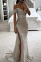 Sparkly Sequins Mermaid Ivory Off the Shoulder Sweetheart Prom Dress With Slit OM0405