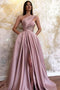 A-Line Satin Sleeveless Ruched One-Shoulder Sweep Train Prom Dress With Slit OM0433