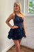 Sparkly A Line Navy Blue One Shoulder Lace Homecoming Dress, Sweet 16 Dress OMH0261