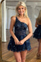 Sparkly A Line Navy Blue One Shoulder Lace Homecoming Dress, Sweet 16 Dress OMH0261