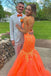 Mermaid Orange Appliques Lace V Neck Spaghtti Straps Tulle Long Prom Dresses OM0442