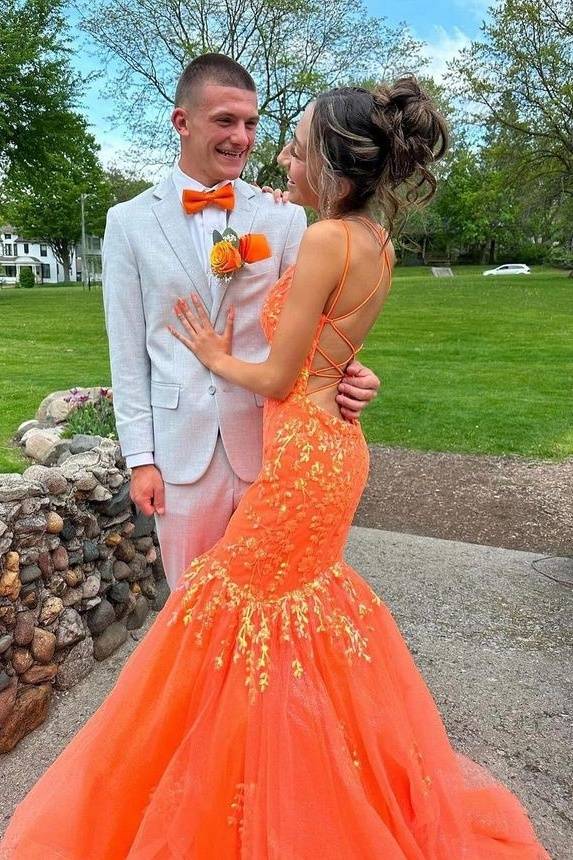 Mermaid Orange Appliques Lace V Neck Spaghtti Straps Tulle Long Prom Dresses OM0442